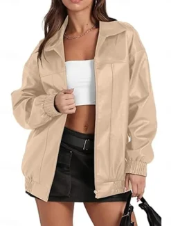 Women's Faux Leather Jacket Casual Jacket Outdoor Street Daily Wear Fall Winter Regular Coat Regular Fit Thermal Warm Breathable Stylish Casual Jacket Long Sleeve Plain with Pockets Full Zip Black