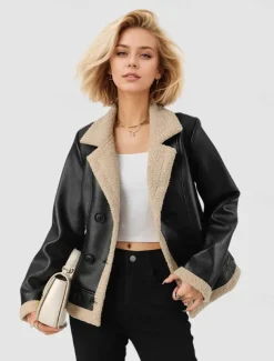 Women's Faux Leather Jacket Fleece Jacket Warm Zipper Pocket Buttons Vintage Fashion Casual Plain Street Casual Daily Wear Short Notch Lapel Regular Fit Long Sleeve Outerwear Black Fall Winter