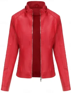 Women's Faux Leather Jacket Casual Jacket Comfortable Breathable Zipper Pocket Casual Plain Vacation Street Casual Daily Wear Zipper Short Hooded Regular Fit Long Sleeve Outerwear Red Camel Coffee