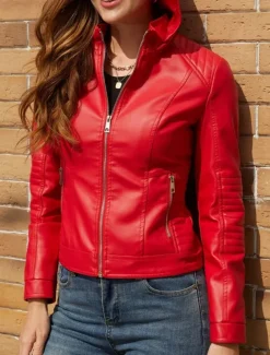 Women's Faux Leather Jacket Casual Jacket Comfortable Breathable Zipper Pocket Casual Plain Vacation Street Casual Daily Wear Zipper Short Hooded Regular Fit Long Sleeve Outerwear Red Camel Coffee
