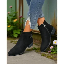 Women's Faux Suede Ankle Boots with Side Zipper and Buckle – Comfortable Casual Booties for Fall Outings, Garden Walks & Weekend Getaways