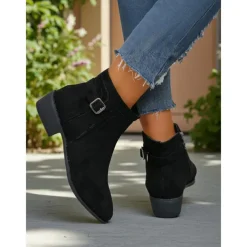 Women's Faux Suede Ankle Boots with Side Zipper and Buckle – Comfortable Casual Booties for Fall Outings, Garden Walks & Weekend Getaways