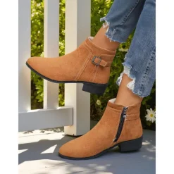 Women's Faux Suede Ankle Boots with Side Zipper and Buckle – Comfortable Casual Booties for Fall Outings, Garden Walks & Weekend Getaways