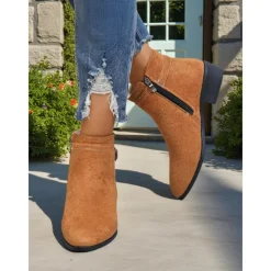 Women's Faux Suede Ankle Boots with Side Zipper and Buckle – Comfortable Casual Booties for Fall Outings, Garden Walks & Weekend Getaways