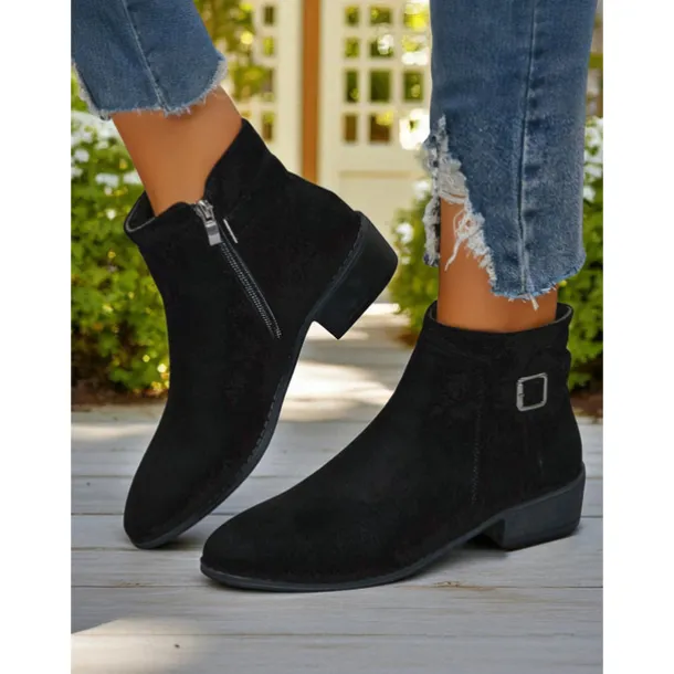 Women's Faux Suede Ankle Boots with Side Zipper and Buckle – Comfortable Casual Booties for Fall Outings, Garden Walks & Weekend Getaways
