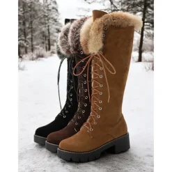 Women's Faux Suede Knee-High Lace-Up Boots with Faux Fur Cuffs – Stylish Winter Footwear with Chunky Sole
