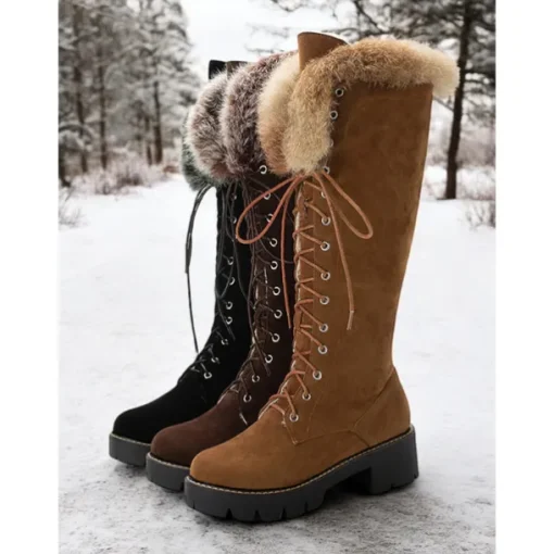 Women's Faux Suede Knee-High Lace-Up Boots with Faux Fur Cuffs – Stylish Winter Footwear with Chunky Sole