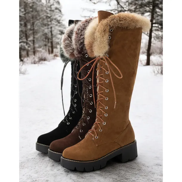 Women's Faux Suede Knee-High Lace-Up Boots with Faux Fur Cuffs – Stylish Winter Footwear with Chunky Sole