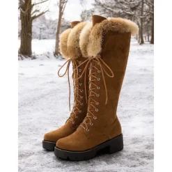 Women's Faux Suede Knee-High Lace-Up Boots with Faux Fur Cuffs – Stylish Winter Footwear with Chunky Sole