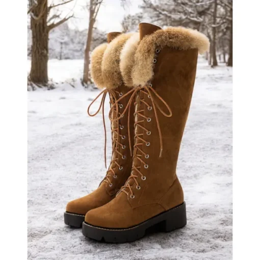 Women's Faux Suede Knee-High Lace-Up Boots with Faux Fur Cuffs – Stylish Winter Footwear with Chunky Sole
