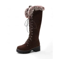 Women's Faux Suede Knee-High Lace-Up Boots with Faux Fur Cuffs – Stylish Winter Footwear with Chunky Sole