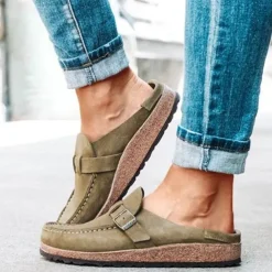 Women's Faux Suede Slip-On Loafers – Casual Comfort Flats with Buckle Detail and Cushioned Cork Sole for Everyday Wear