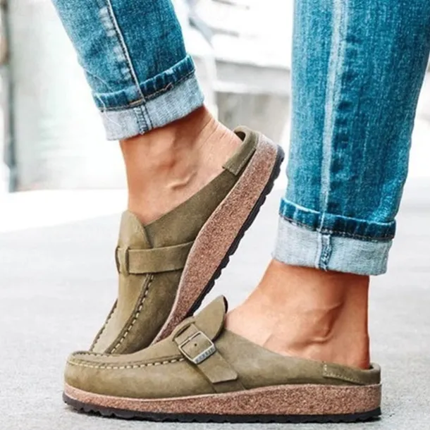 Women's Faux Suede Slip-On Loafers – Casual Comfort Flats with Buckle Detail and Cushioned Cork Sole for Everyday Wear