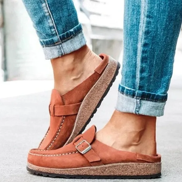 Women's Faux Suede Slip-On Loafers – Casual Comfort Flats with Buckle Detail and Cushioned Cork Sole for Everyday Wear