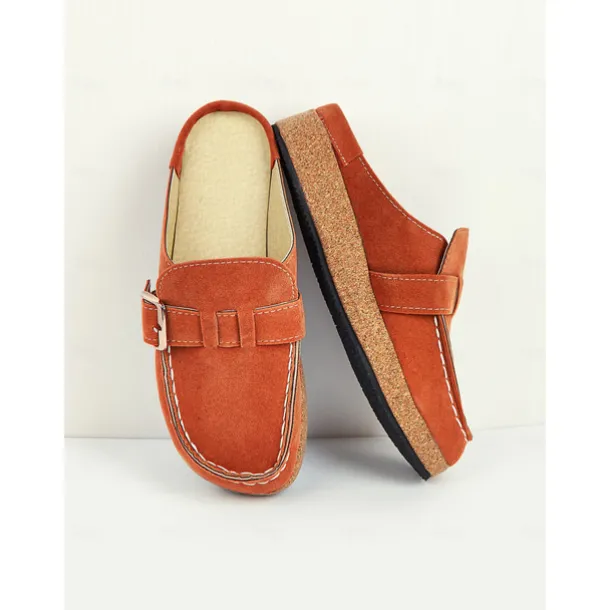 Women's Faux Suede Slip-On Loafers – Casual Comfort Flats with Buckle Detail and Cushioned Cork Sole for Everyday Wear