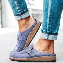 Women's Faux Suede Slip-On Loafers – Casual Comfort Flats with Buckle Detail and Cushioned Cork Sole for Everyday Wear