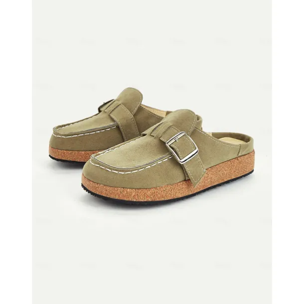 Women's Faux Suede Slip-On Loafers – Casual Comfort Flats with Buckle Detail and Cushioned Cork Sole for Everyday Wear