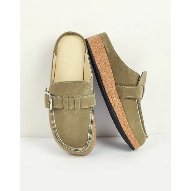 Women's Faux Suede Slip-On Loafers – Casual Comfort Flats with Buckle Detail and Cushioned Cork Sole for Everyday Wear