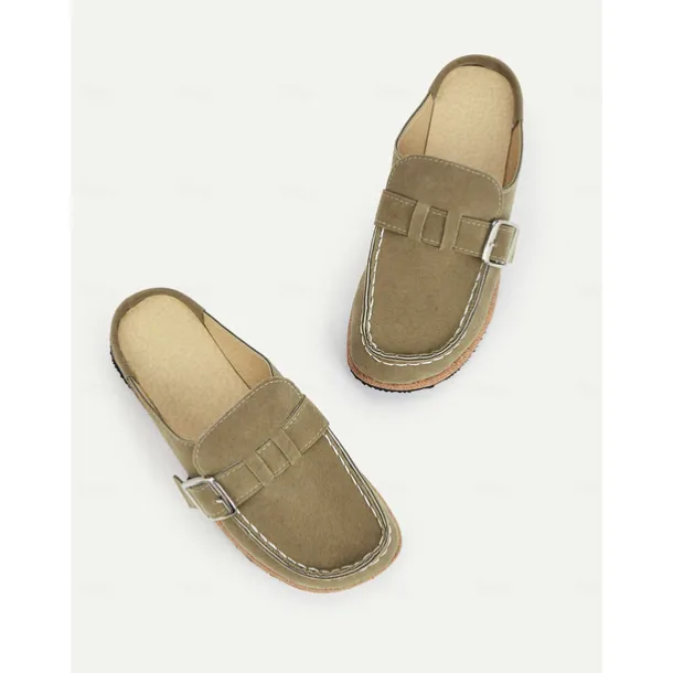 Women's Faux Suede Slip-On Loafers – Casual Comfort Flats with Buckle Detail and Cushioned Cork Sole for Everyday Wear
