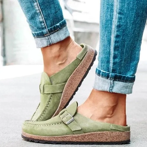 Women's Faux Suede Slip-On Loafers – Casual Comfort Flats with Buckle Detail and Cushioned Cork Sole for Everyday Wear