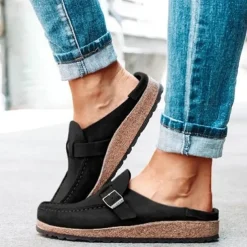 Women's Faux Suede Slip-On Loafers – Casual Comfort Flats with Buckle Detail and Cushioned Cork Sole for Everyday Wear