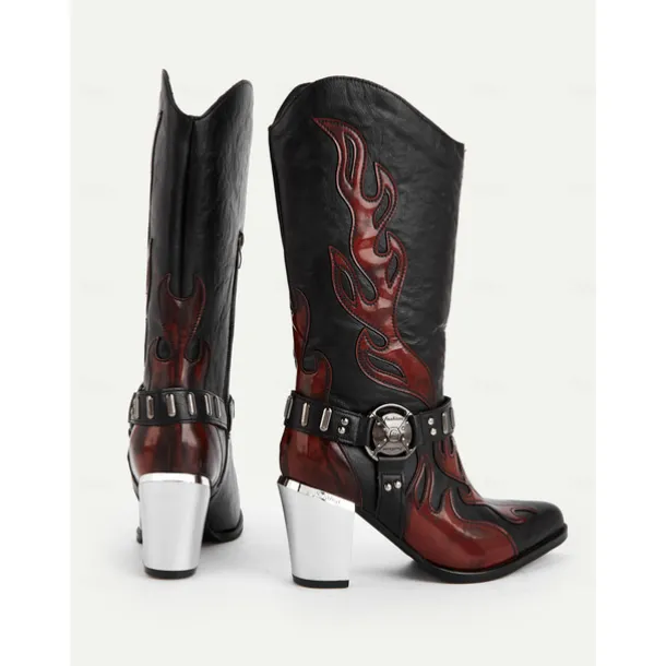 Women's Flame Embroidered Western Cowboy Boots - Chunky Heel Black and Brown Gothic Mid-Calf Boots for Halloween, Music Festivals, and Rodeo Outfits