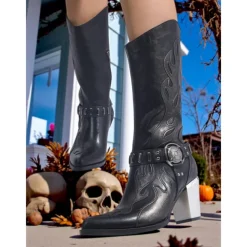 Women's Flame Embroidered Western Cowboy Boots - Chunky Heel Black and Brown Gothic Mid-Calf Boots for Halloween, Music Festivals, and Rodeo Outfits
