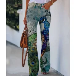 Women's Flared Pants Bell Bottom Pants Trousers Fashion Full Length Mid Waist Skull Flower / Floral Side Pockets Wide Leg Print Comfort Micro-elastic Halloween Weekend Navy-blue Rainbow Sky Blue And