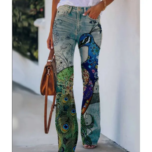 Women's Flared Pants Bell Bottom Pants Trousers Fashion Full Length Mid Waist Skull Flower / Floral Side Pockets Wide Leg Print Comfort Micro-elastic Halloween Weekend Navy-blue Rainbow Sky Blue And