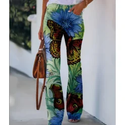 Women's Flared Pants Bell Bottom Pants Trousers Fashion Full Length Mid Waist Skull Flower / Floral Side Pockets Wide Leg Print Comfort Micro-elastic Halloween Weekend Navy-blue Rainbow Sky Blue And