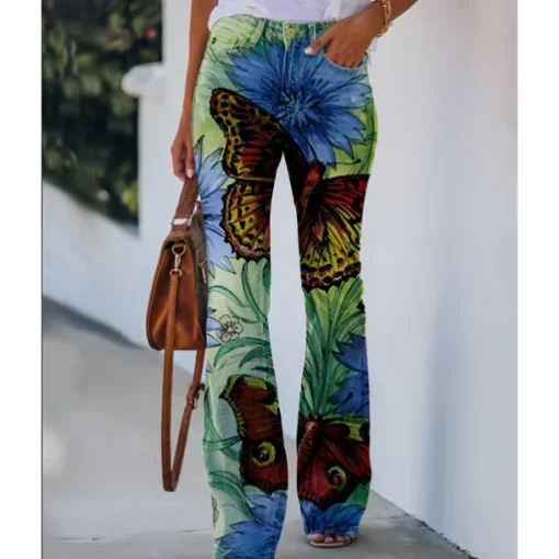 Women's Flared Pants Bell Bottom Pants Trousers Fashion Full Length Mid Waist Skull Flower / Floral Side Pockets Wide Leg Print Comfort Micro-elastic Halloween Weekend Navy-blue Rainbow Sky Blue And