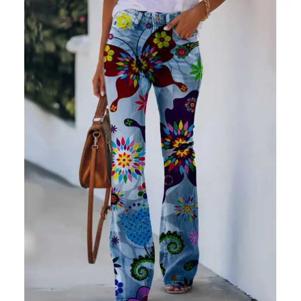 Women's Flared Pants Bell Bottom Pants Trousers Fashion Full Length Mid Waist Skull Flower / Floral Side Pockets Wide Leg Print Comfort Micro-elastic Halloween Weekend Navy-blue Rainbow Sky Blue And