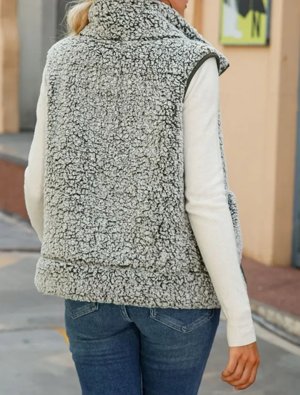 Women's Fleece Jacket Fleece Vest Teddy Coat Warm Breathable Zipper Pocket Fleece Lined Casual Plain Vacation Street Daily Wear Going out Zipper Regular Stand Collar Regular Fit Sleeveless Outerwear