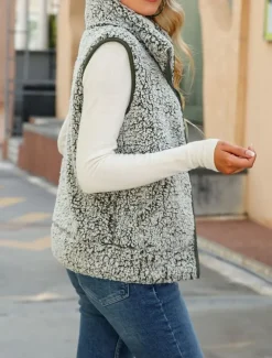 Women's Fleece Jacket Fleece Vest Teddy Coat Warm Breathable Zipper Pocket Fleece Lined Casual Plain Vacation Street Daily Wear Going out Zipper Regular Stand Collar Regular Fit Sleeveless Outerwear