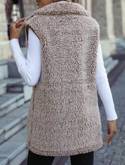 Women's Fleece Jacket Fleece Vest Teddy Coat Warm Breathable Pocket Fleece Lined Casual Plain Vacation Street Daily Wear Going out Single Breasted Regular Turndown Regular Fit Sleeveless Outerwear