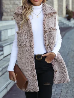 Women's Fleece Jacket Fleece Vest Teddy Coat Warm Breathable Pocket Fleece Lined Casual Plain Vacation Street Daily Wear Going out Single Breasted Regular Turndown Regular Fit Sleeveless Outerwear