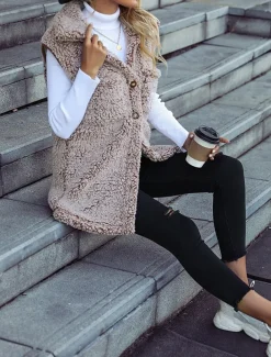 Women's Fleece Jacket Fleece Vest Teddy Coat Warm Breathable Pocket Fleece Lined Casual Plain Vacation Street Daily Wear Going out Single Breasted Regular Turndown Regular Fit Sleeveless Outerwear