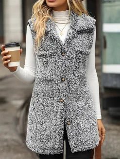 Women's Fleece Jacket Fleece Vest Teddy Coat Warm Breathable Pocket Fleece Lined Casual Plain Vacation Street Daily Wear Going out Single Breasted Regular Turndown Regular Fit Sleeveless Outerwear