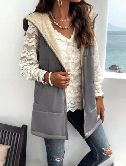 Women's Fleece Jacket Fleece Vest Teddy Coat Warm Breathable Zipper Pocket Fleece Lined Casual Plain Vacation Street Daily Wear Going out Zipper Regular Hoodie Regular Fit Sleeveless Outerwear Black