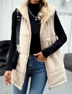 Women's Fleece Jacket Fleece Vest Teddy Coat Warm Breathable Zipper Pocket Fleece Lined Casual Plain Vacation Street Daily Wear Going out Zipper Regular Hoodie Regular Fit Sleeveless Outerwear Black