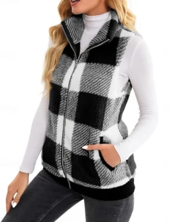 Women's Fleece Jacket Fleece Vest Teddy Coat Warm Breathable Zipper Pocket Fleece Lined Casual Plaid Vacation Street Daily Wear Going out Zipper Regular Stand Collar Regular Fit Sleeveless Outerwear