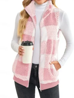 Women's Fleece Jacket Fleece Vest Teddy Coat Warm Breathable Zipper Pocket Fleece Lined Casual Plaid Vacation Street Daily Wear Going out Zipper Regular Stand Collar Regular Fit Sleeveless Outerwear