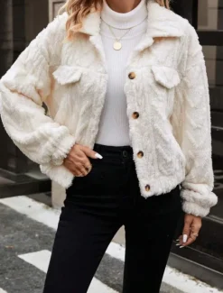 Women's Fleece Jacket Teddy Coat Warm Breathable Buttons Pocket Casual Plain Vacation Street Daily Wear Going out Single Breasted Regular Turndown Regular Fit Long Sleeve Outerwear White Fall Winter