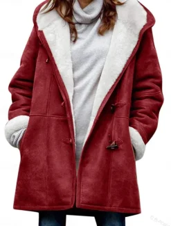 Women's Fleece Jacket Teddy Coat Hoodie Jacket Warm Breathable Zipper Pocket Fleece Lined Casual Plain Vacation Street Daily Wear Going out Zipper Regular Hoodie Regular Fit Long Sleeve Outerwear Red