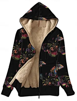 Women's Fleece Jacket Teddy Coat Hoodie Jacket Warm Breathable Zipper Pocket Fleece Lined Casual Butterfly Vacation Street Daily Wear Going out Zipper Regular Hoodie Regular Fit Long Sleeve Outerwear