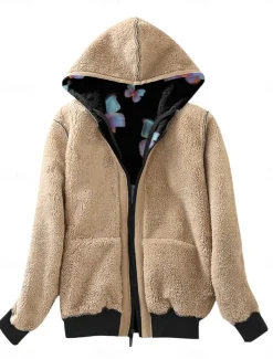Women's Fleece Jacket Teddy Coat Hoodie Jacket Warm Breathable Zipper Pocket Fleece Lined Casual Butterfly Vacation Street Daily Wear Going out Zipper Regular Hoodie Regular Fit Long Sleeve Outerwear