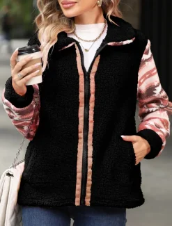 Women's Fleece Jacket Teddy Coat Hoodie Jacket Warm Breathable Zipper Pocket Fleece Lined Vintage Casual Geometric Vacation Street Daily Wear Going out Zipper Regular Turndown Regular Fit Long Sleeve