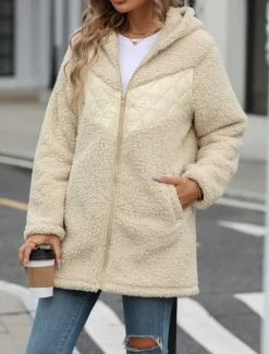 Women's Fleece Jacket Teddy Coat Hoodie Jacket Warm Breathable Zipper Pocket Fleece Lined Casual Plain Vacation Street Daily Wear Going out Zipper Regular Hoodie Regular Fit Long Sleeve Outerwear