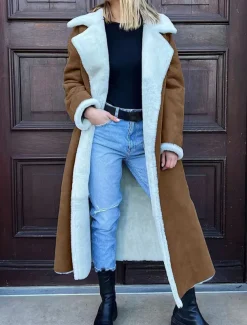 Women's Fleece Jacket Teddy Coat Warm Breathable Pocket Fleece Lined Casual Plain Vacation Street Daily Wear Going out Open Front Long Turndown Regular Fit Long Sleeve Outerwear Black Camel Green