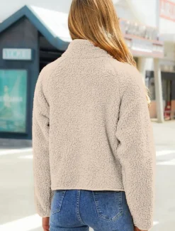 Women's Fleece Jacket Warm Zipper Fashion Modern Casual Plain Work Daily Wear Zipper Short Stand Collar Loose Fit Long Sleeve Outerwear Black White Red Fall Winter